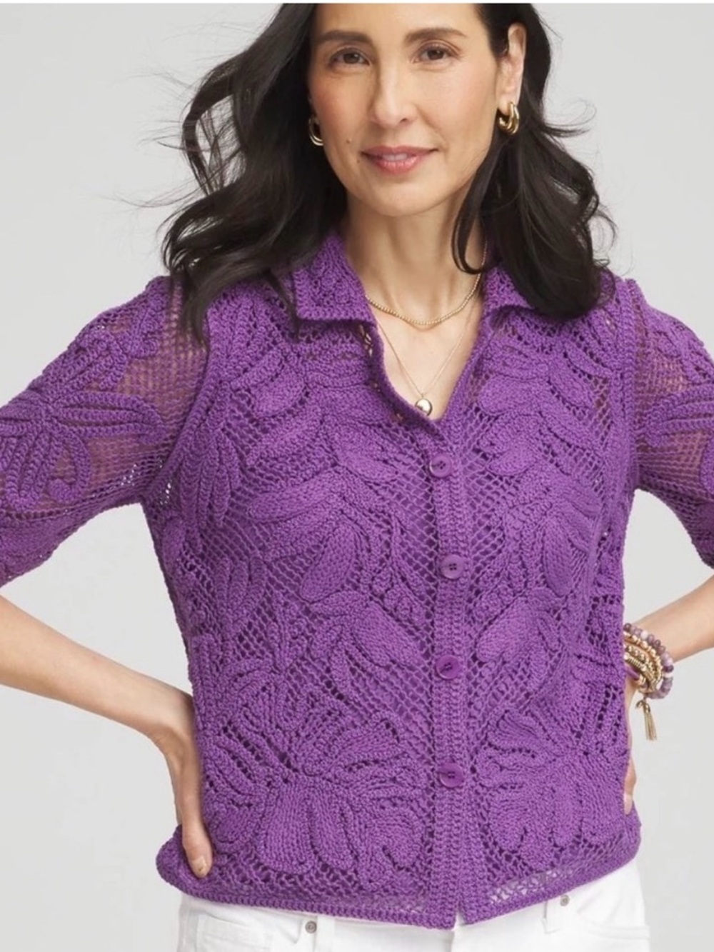 Chico’s | Palm-Frond Crochet-Lace Shacket, Size XL